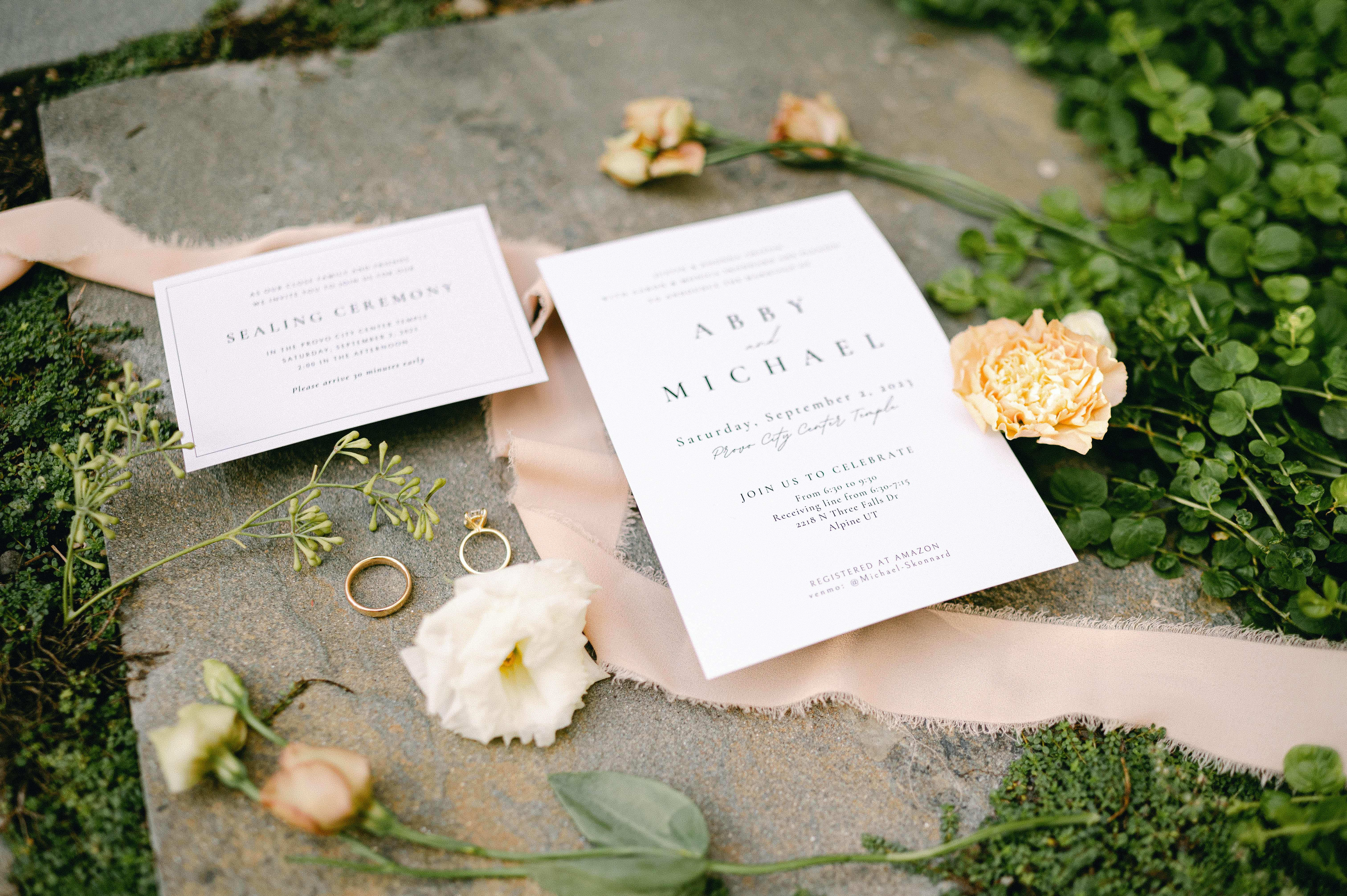 Elegant wedding invitation suite with calligraphy details