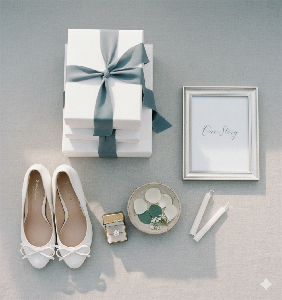Bridal flat lay with gift box, ballet flats, and elegant wedding details