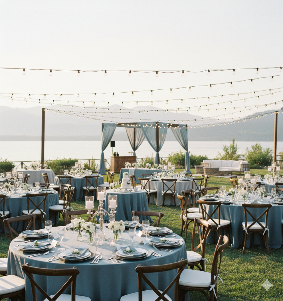 Stunning outdoor reception with string lights and waterfront view