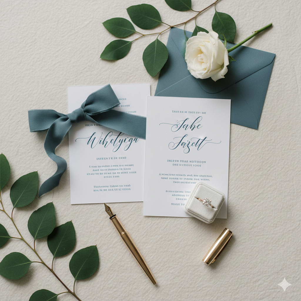 Elegant wedding invitation suite with dusty blue envelopes, calligraphy details, and romantic eucalyptus styling