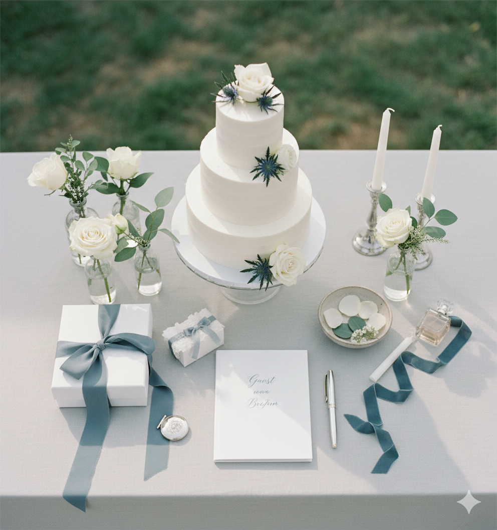 Elegant wedding cake table setup with floral arrangements