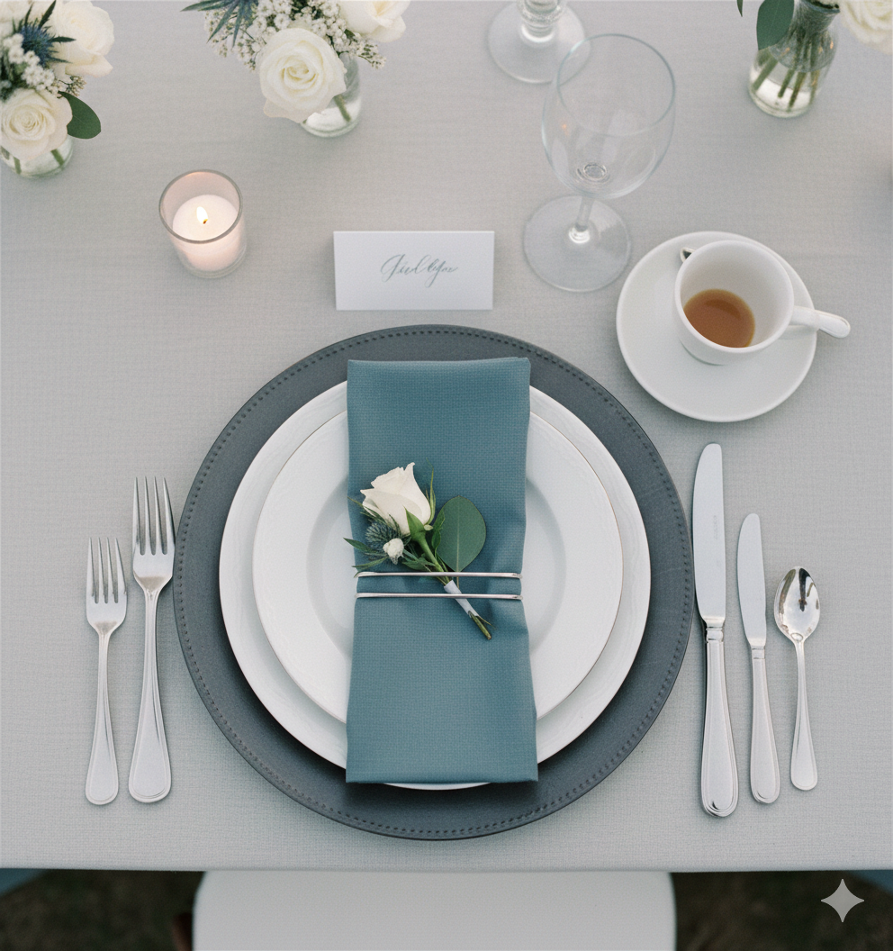 Elegant wedding table setting with fine china, crystal glassware, and romantic candlelight - Something Blue Weddings styling