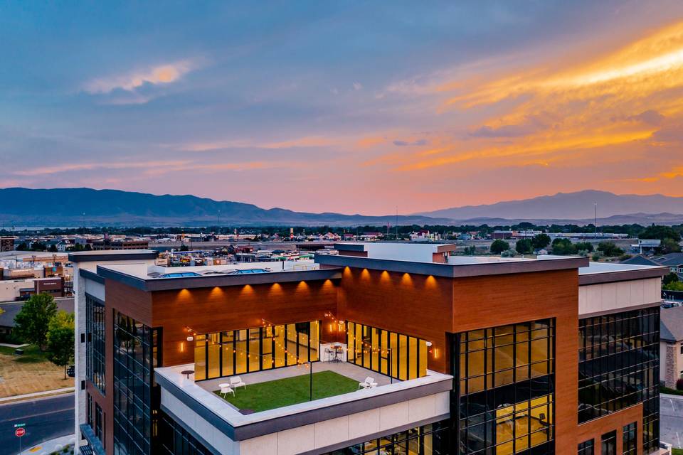 The Rooftop Lehi - Modern event venue with terrace and city, mountain, and golf course views in Lehi, Utah